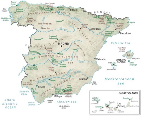 Spagna mappa fisica - mappa,